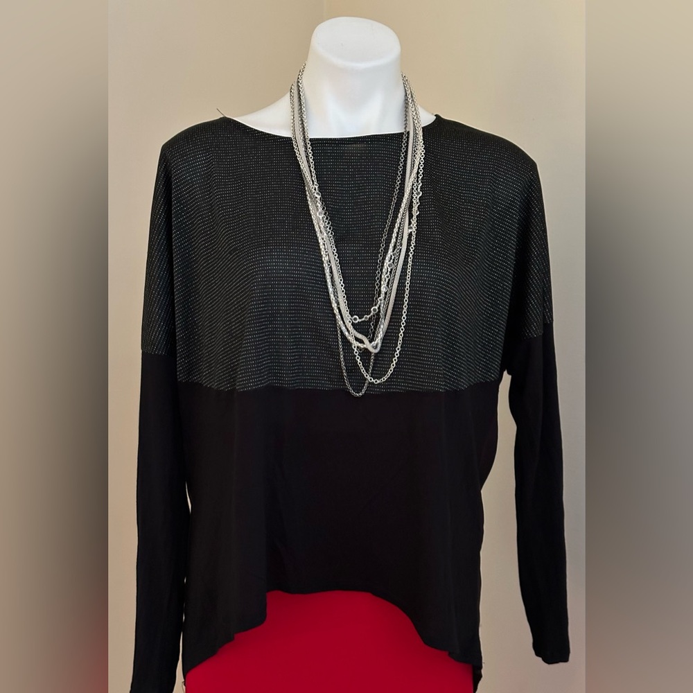 Jennifer Lopez Black & Silver Sheer Glamour Tunic Long Dolman Sleeves Top Sz XL